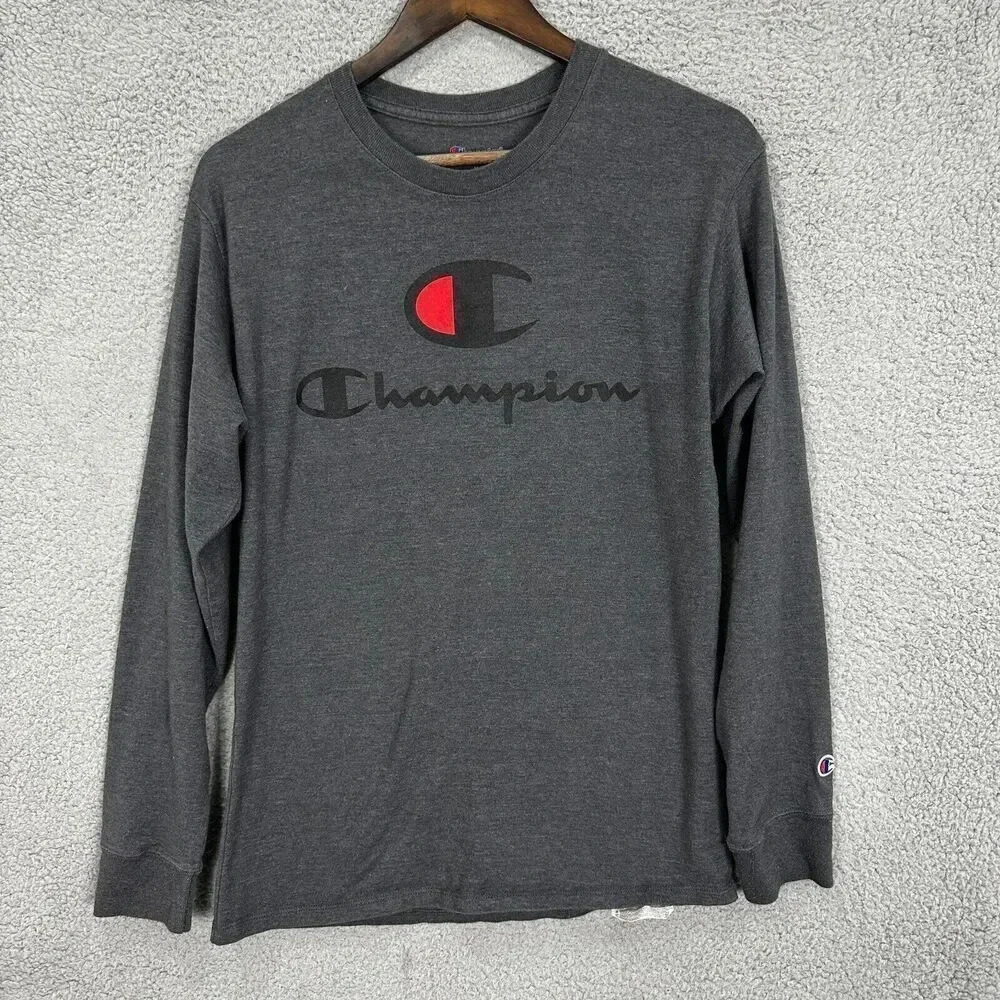 Champion shirt womenβmedium gray black script spellout logo long sleeve gorpcore